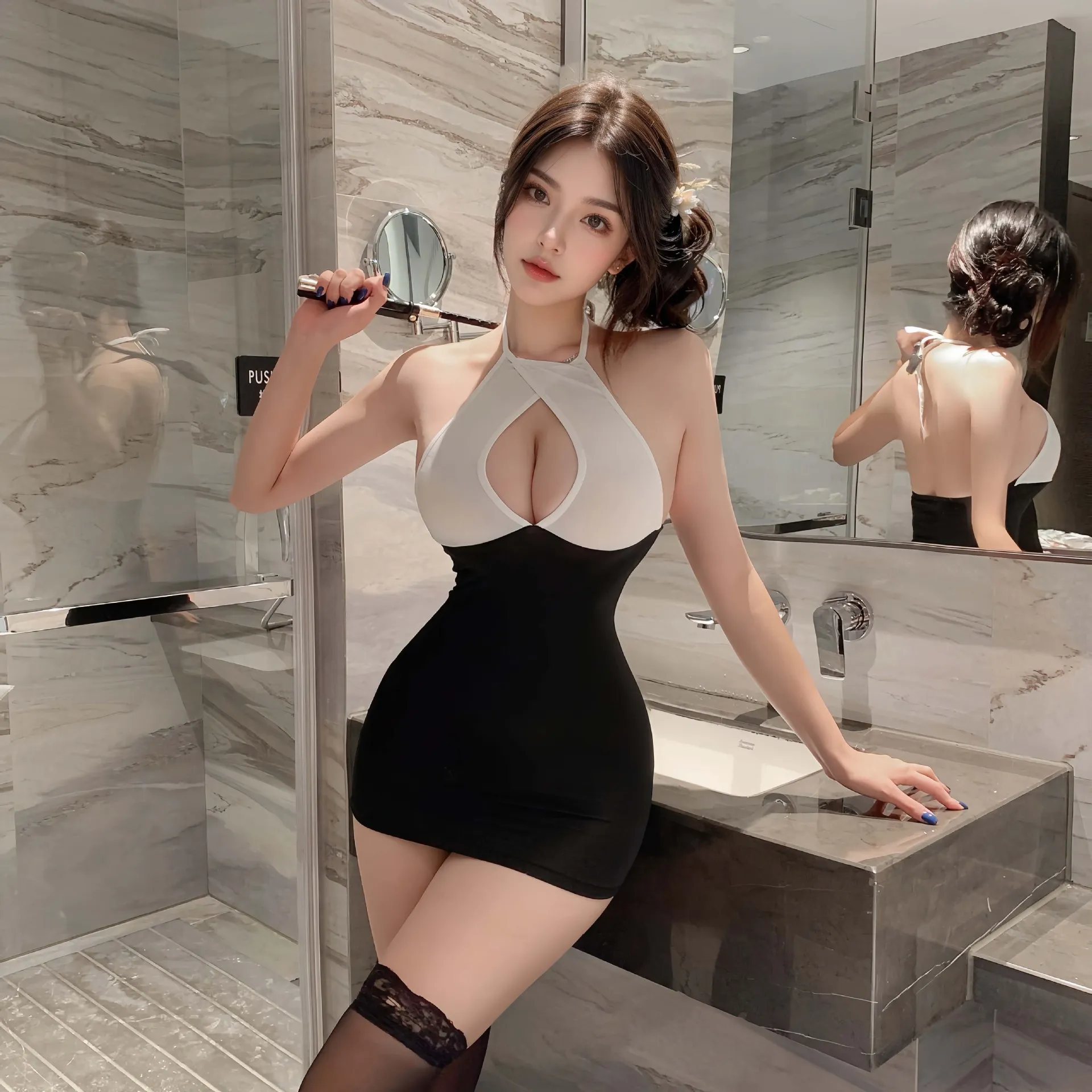 5992潮尚夜总会挂脖绑带秘书紧身包臀裙套装内衣性感纯欲连衣裙