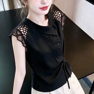 2026年夏季新品女装棕色上衣休闲网格拼接系带纯色纽扣设计感衬衫