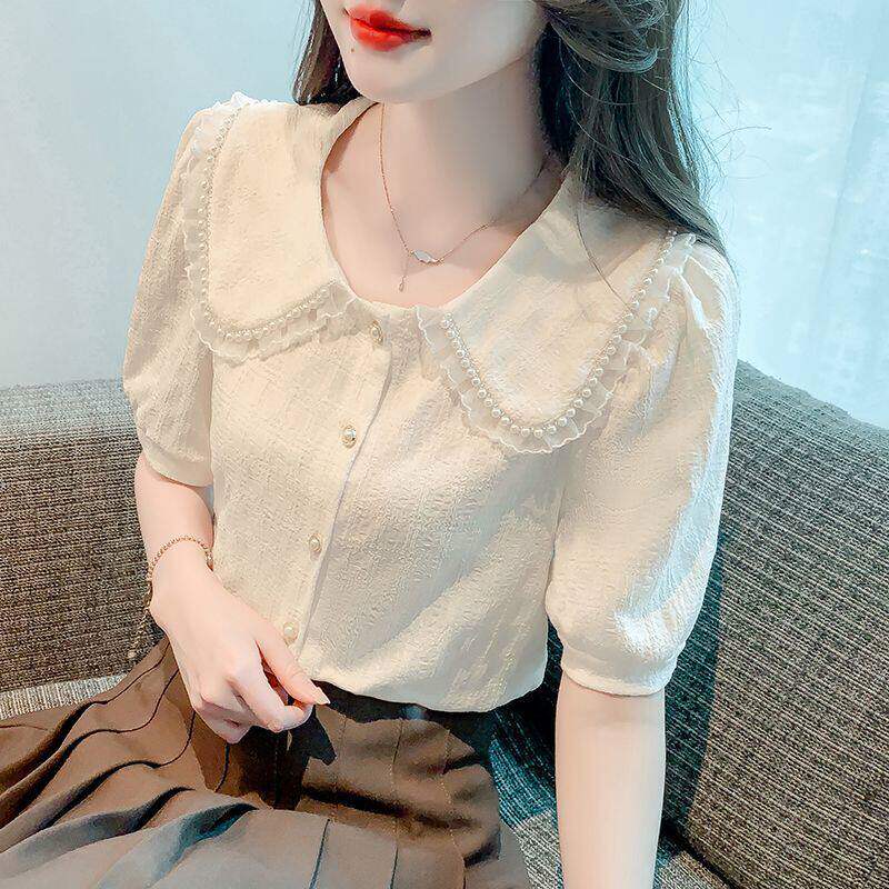 夏季新款法式洋气减龄钉珠娃娃领灯笼短袖宽松显瘦衬衫上衣女