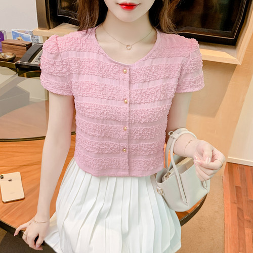 小香风泡袖肌理衬衫女夏季
