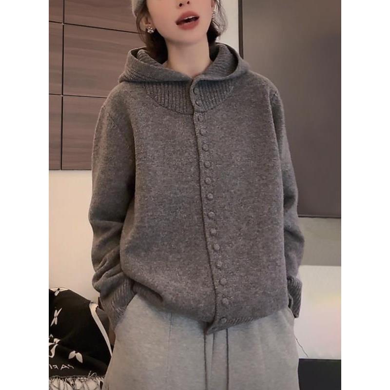 大码灰色连帽毛衣女早秋季慵懒风软糯宽松洋气针织开衫外穿上衣潮