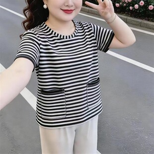 夏季新款短袖双口袋气质百搭休闲宽松高级感条纹T恤妈妈上衣女