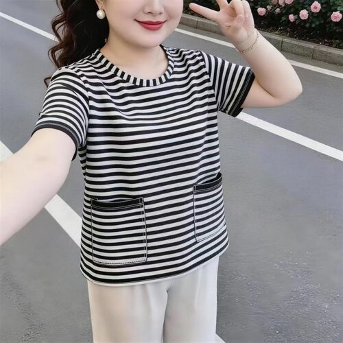 夏季短袖条纹宽松妈妈T恤