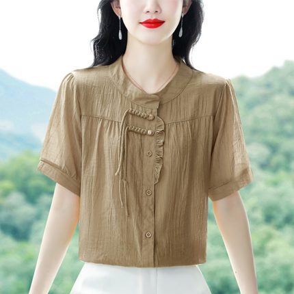 高端棉麻衬衫女短袖2024夏季新款妈妈小衫宽松遮肚子亚麻薄款上衣