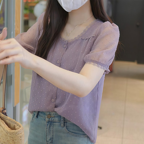 时尚蕾丝花边拼接短袖衬衫女2025夏季新款小个子洋气减龄打底上衣