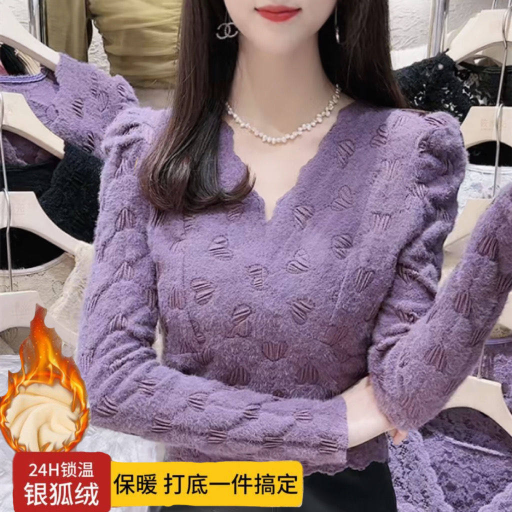 蕾丝加绒加厚打底衫女秋冬季新款韩版磨毛泡泡袖修身显瘦小衫上衣,女装/女士精品,真丝上装,淘宝优惠券,粉丝福利购,淘宝优惠卷