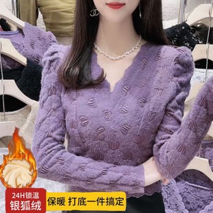蕾丝加绒加厚打底衫女秋冬季新款韩版磨毛泡泡袖修身显瘦小衫上衣