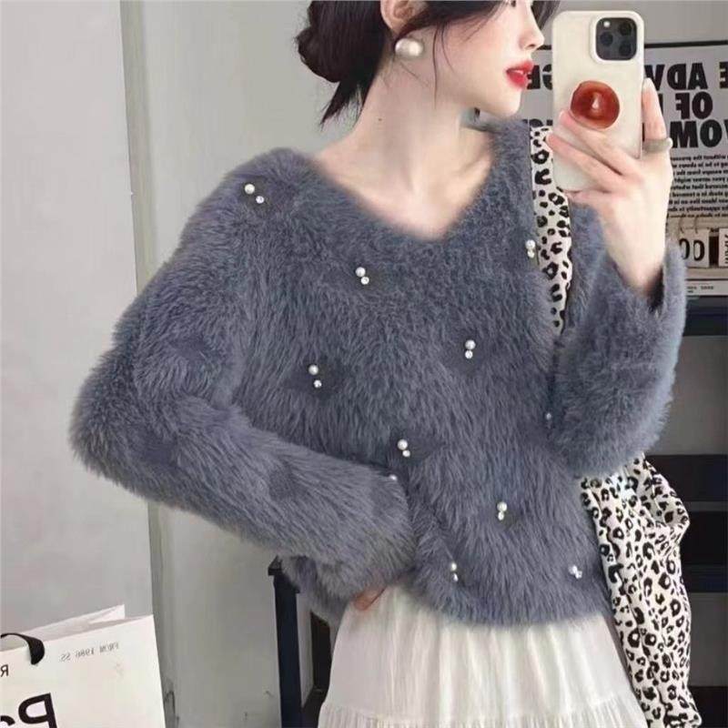 仿水貂绒软糯毛衣女秋冬季新款宽松慵懒风钉珠短款针织衫上衣潮春,女装/女士精品,毛衣,淘宝优惠券,粉丝福利购,淘宝优惠卷