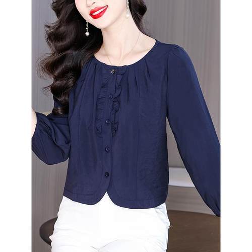 2025年新款时尚洋气小衫圆领九分袖衬衫女春秋款宽松休闲百搭上衣