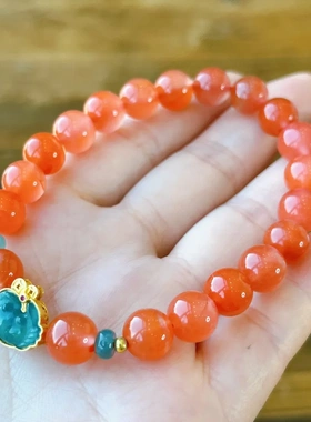 缘绘凤仪 天然南红手链8Mm珠 925银镀金a货蓝水翡翠如意小清新