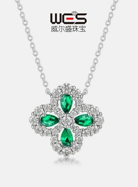 S925银培育祖母绿项链四叶草复古文艺锁骨链