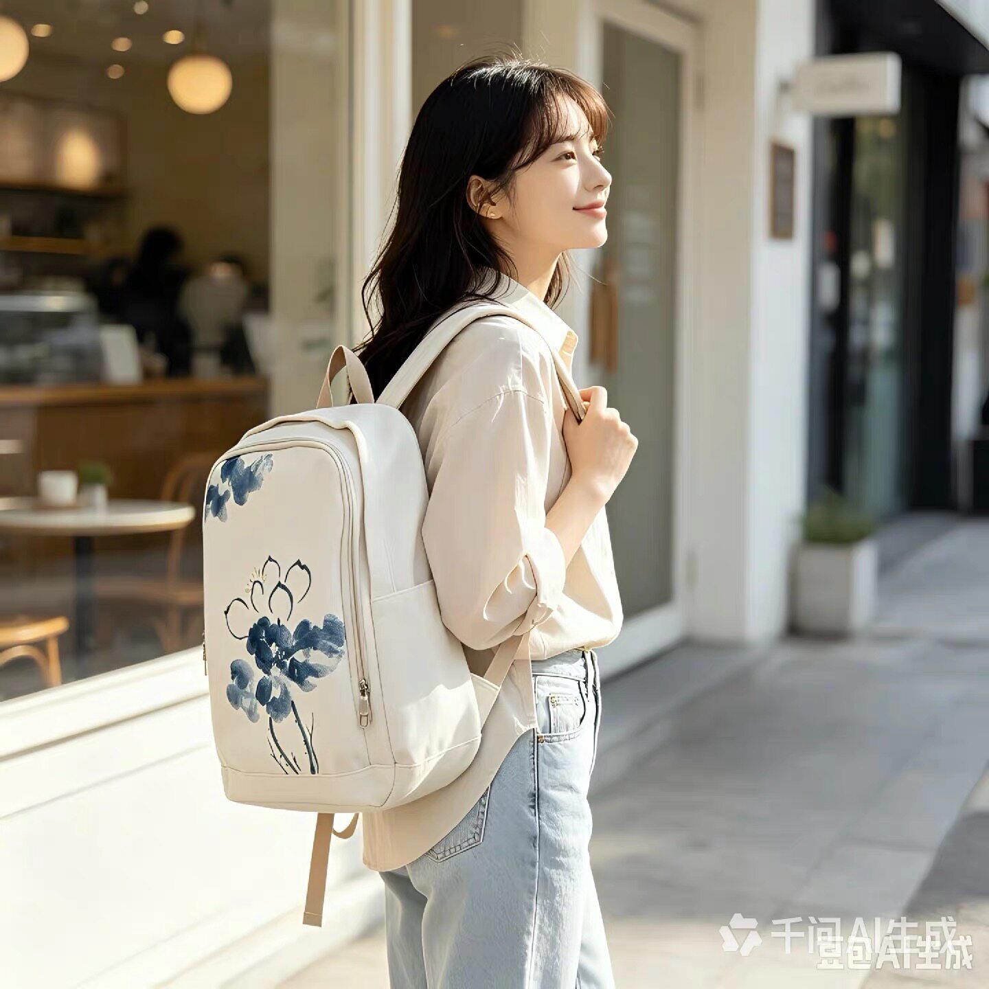 中国风水墨青花瓷手绘双肩包 荷叶包