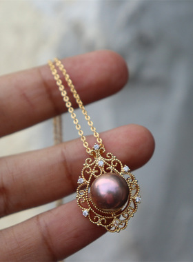 缘绘凤仪 简约近正圆淡水爱迪生珍珠镶嵌复古雕花镶嵌吊坠项链