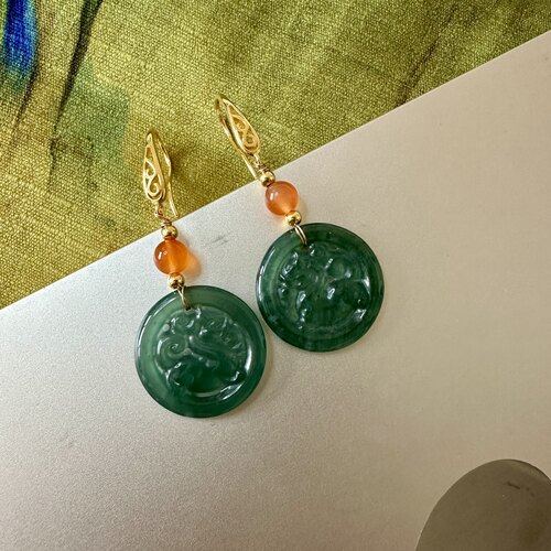 天然A货蓝水翡翠双面雕麒麟古风耳环 雕花耳钩南红玛瑙 高档