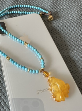 缘绘凤仪 天然原矿绿松石莲蓬锁骨链4Mm 金鱼蜜蜡吊坠 实物拍