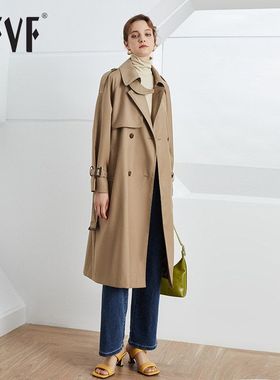 DFVF伊元素2023秋冬新款英伦双排扣垂感宽松加长款风衣女小个子
