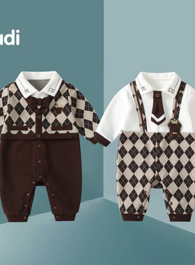 婴儿秋季衣服男宝宝连体衣一周岁礼服秋装帅气假两件哈衣百天爬服