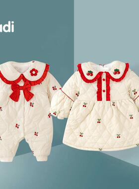 婴儿衣服秋冬加绒加厚新生儿连体爬服冬季女童裙子棉衣冬季姐妹装