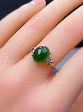 碧玉戒指925银镶嵌碧玉戒指 蝴蝶款女士绿色活口可调节银戒指