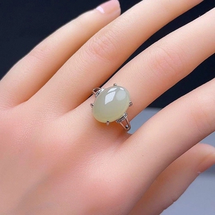 和田玉戒指银925银镶嵌和田玉戒指 冰晴色女士和田玉活口玉戒指