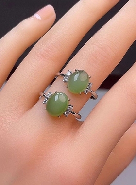 碧玉戒指925银镶嵌碧玉猫眼女戒 浅绿色碧玉猫眼活口女士玉戒指