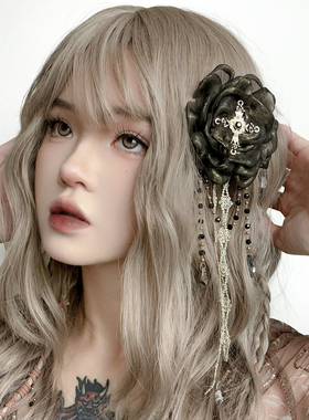 Broken bone原创 暗黑巴洛克布艺手工玫瑰花花丸十字架花朵发夹