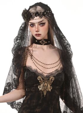 Broken bone原创 暗黑哥特蕾丝网纱配饰布艺花朵可调节头纱头饰