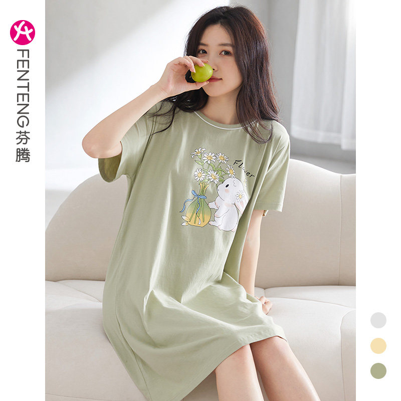 芬腾睡裙女士夏季纯棉薄款可爱短袖睡衣家居服女生夏天性感连衣裙