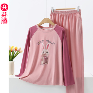 全棉家居服套装 芬腾睡衣女士春秋款 套头可爱卡通女款 纯棉长袖 长裤