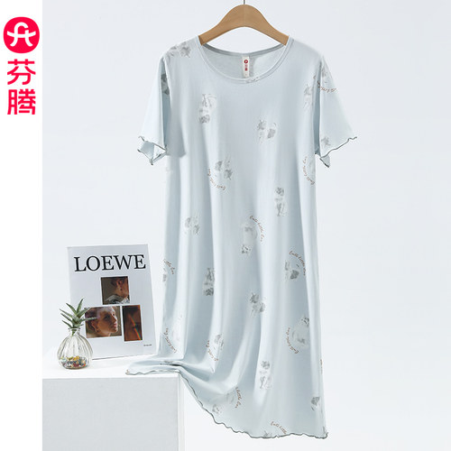 芬腾睡裙女士夏季薄款短袖纯棉大码可爱睡衣家居服全棉女款连衣裙