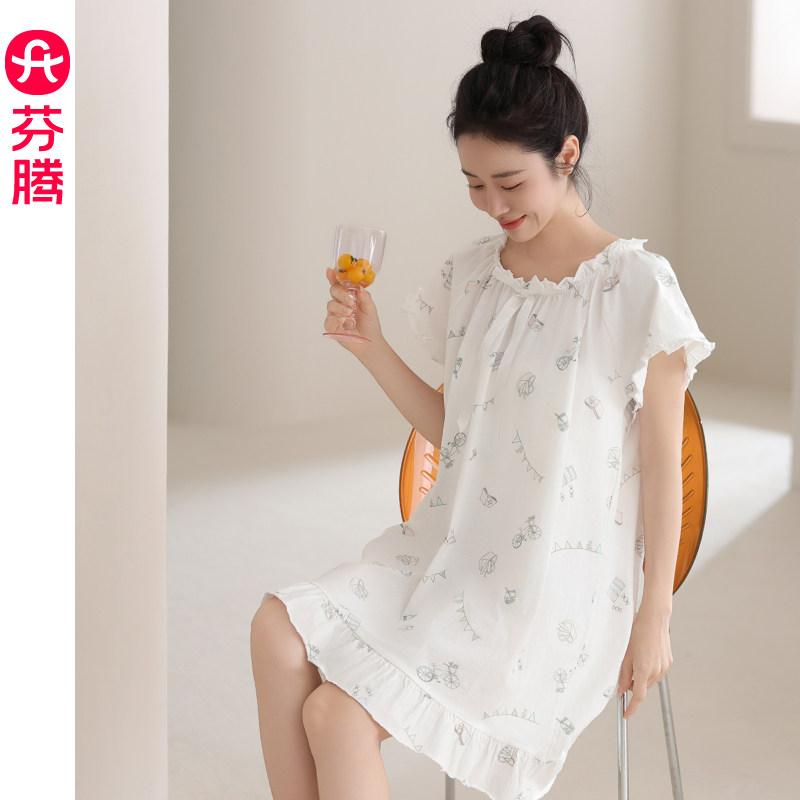 芬腾睡裙女士纯棉2025新款夏季薄款短袖睡衣裙子公主风性感连衣裙