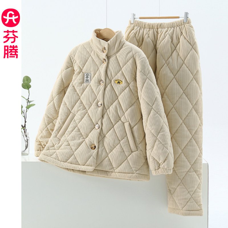 芬腾珊瑚绒睡衣女士冬季三层加厚夹棉冬款保暖家居服套装2025新款