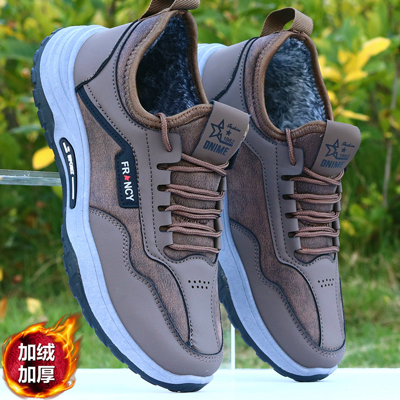冬季加绒老北京布鞋男加厚保暖一脚蹬棉鞋皮面防水爸爸健步运动鞋