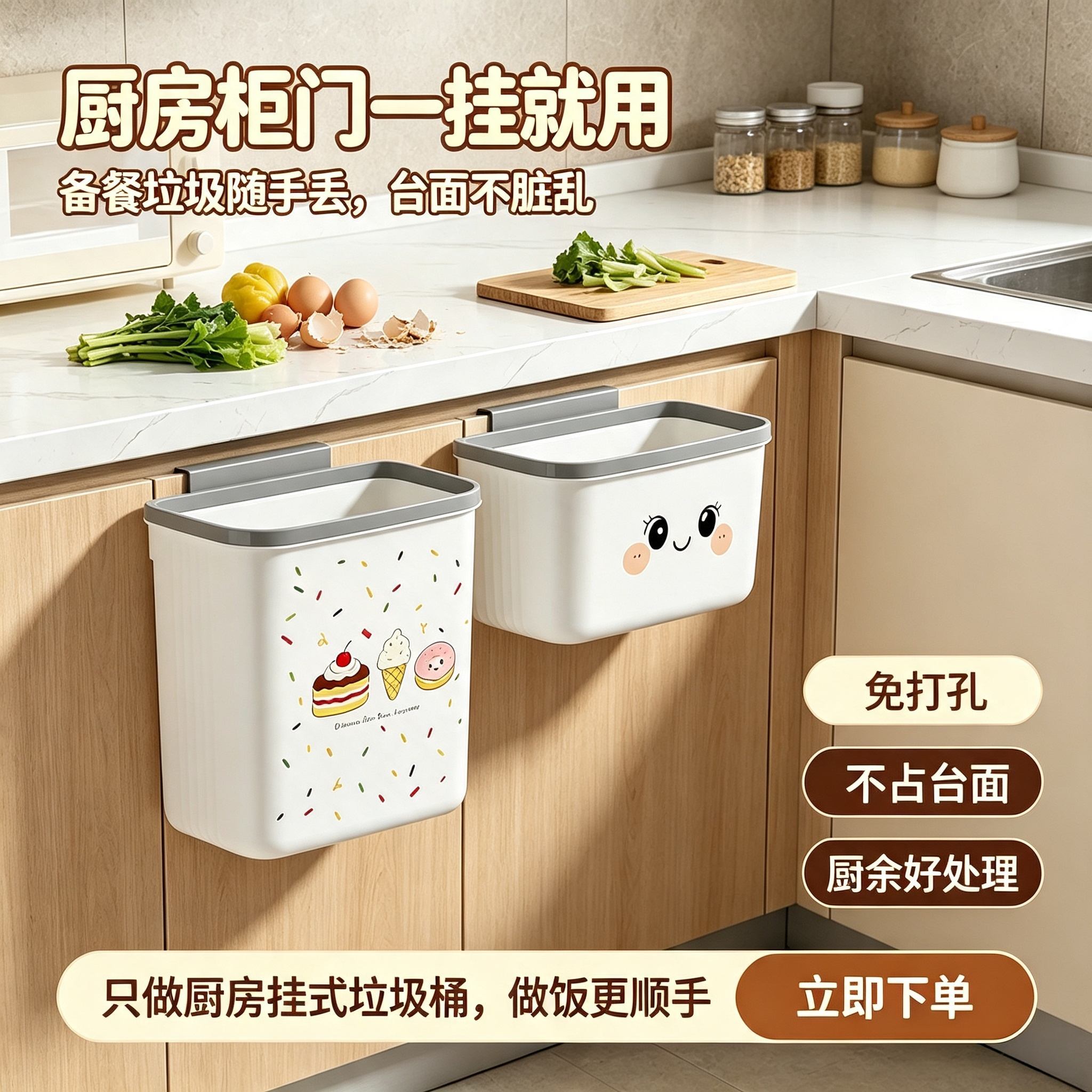厨房垃圾桶壁挂式家用免弯腰橱柜门收纳桶悬挂式纸篓大容量移动