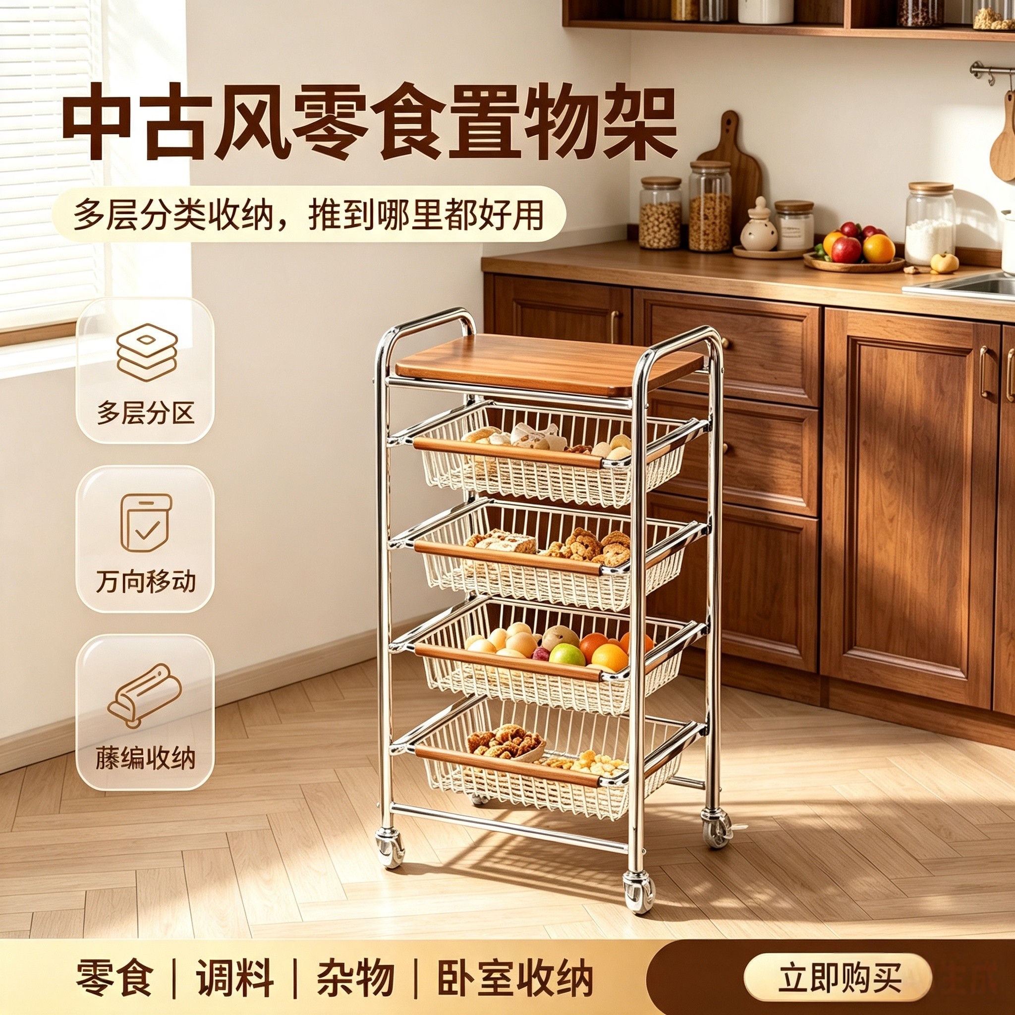 中古风零食置物架落地小推车多功能厨房储物架移动多层杂物收纳架