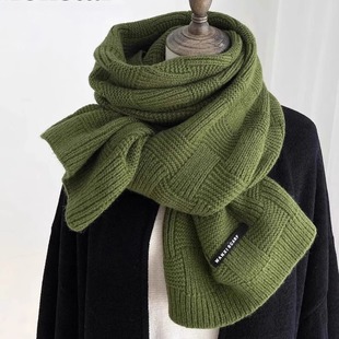 纯色墨绿色小香风格子毛线针织围巾女冬季红色格纹送男生保暖围脖