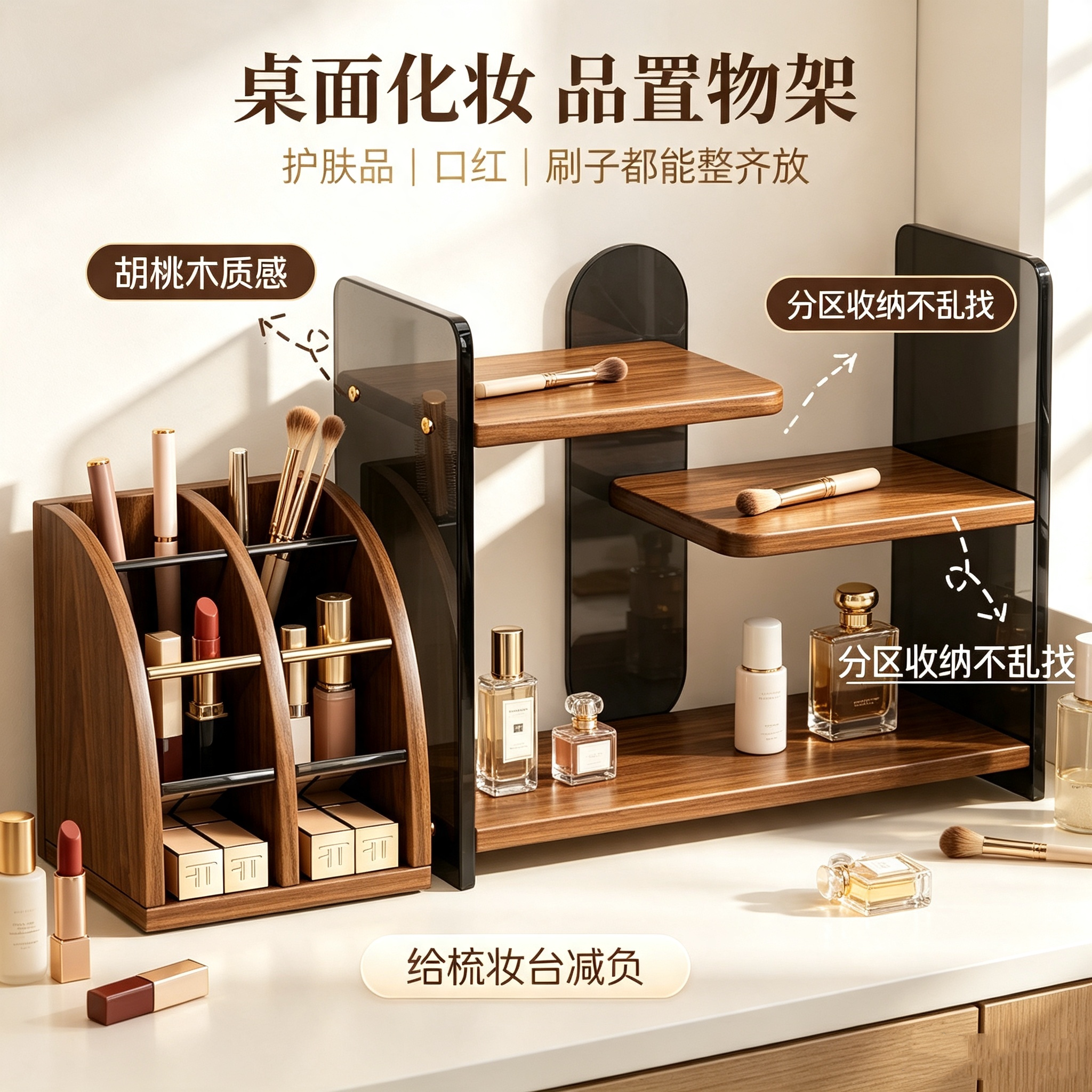 桌面化妆品置物架梳妆台高级感香水收纳盒轻奢化妆刷口红储物架子