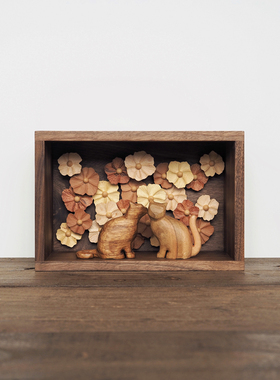 〈猫咪流浪记 花开相爱〉原创手工雕刻木猫小花相框摆件泽无木作