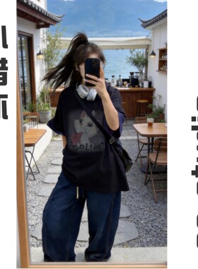 【小惜亦】夏款宽松大版休闲百搭复古蝴蝶猫T恤81268