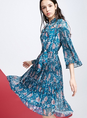 vero moda 孤品清L码中东蓝色收腰喇叭袖连衣裙31817C512