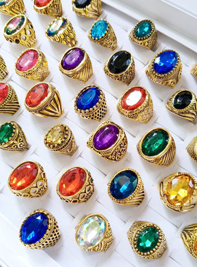 欧美复古镀金彩色宝石男士戒指