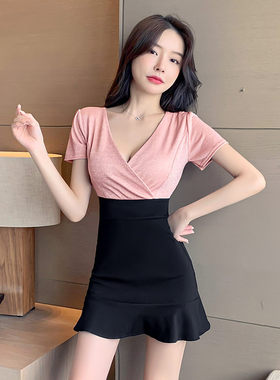 夜总会服装小姐低胸技师工作服包臀连衣裙气质显瘦拼色小个子短裙