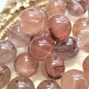 天然红兔毛单珠干枯玫瑰红发晶红粉兔毛散珠DIY手链配珠10