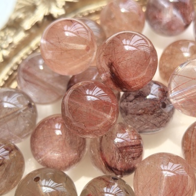 天然红兔毛单珠干枯玫瑰红发晶红粉兔毛散珠DIY手链配珠10~12+mm