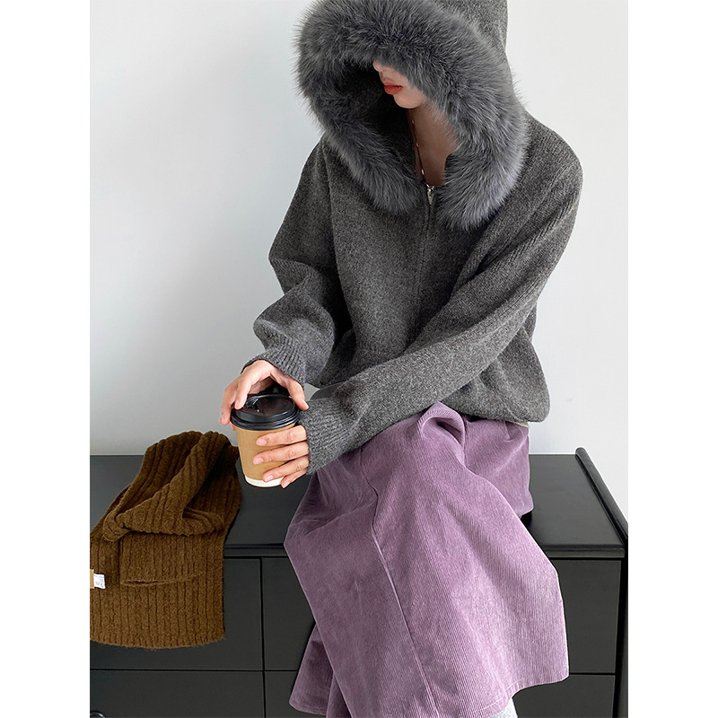 春秋冬季可拆卸大毛领连帽拉链加厚保暖针织衫毛衣外套女休闲上衣