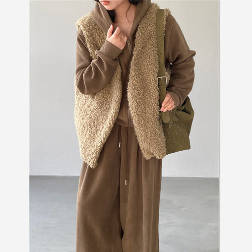 春秋冬季仿皮毛一体马甲+连帽卫衣长裤子3三件套女装阔腿裤套装