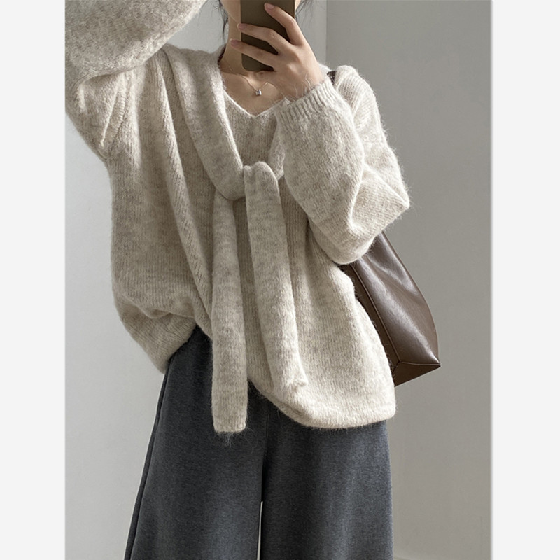 2025年秋冬季软糯V领羊毛毛衣女+披肩2两件套宽松休闲气质保暖衣