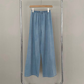 宽松直筒阔腿软布牛仔长裤 女韩版 休闲 浅蓝色松紧腰牛仔裤 春夏季