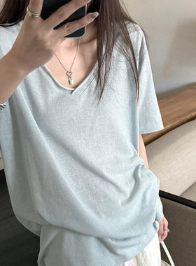 微透雪花棉松弛感卷边V领短袖T恤女夏宽松韩版慵懒风休闲半袖上衣