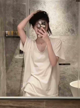 正肩白色纯棉U领短袖t恤女夏季慵懒宽松弛感低领显瘦休闲百搭上衣